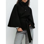 Women's Belted Cape Coat with High Button Collar