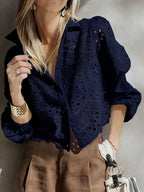 Women's Eyelet Embroidered Balloon Sleeve Button-Up Blouse