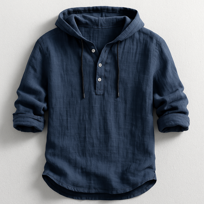 Men's Lightweight Hooded Henley Shirt with Drawstring