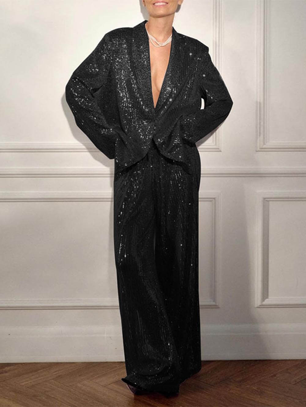 Women's Oversized Sequin Blazer Jacket with Lapel Collar