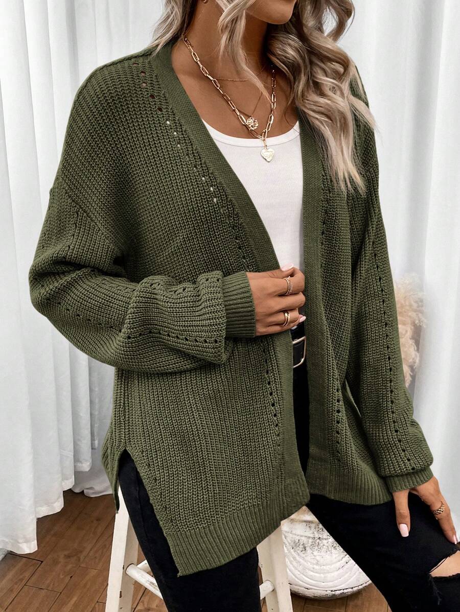 Women's Chunky Knit Eyelet Detail Open Cardigan