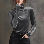 Women's Velvet Turtleneck Fitted Long Sleeve Top