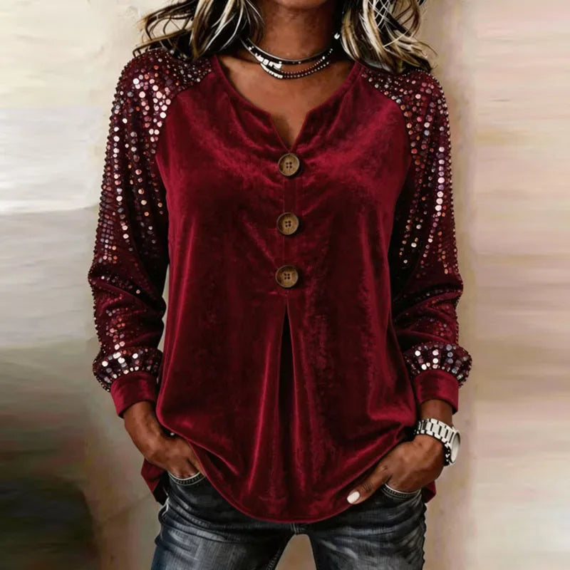 Women's Sequin Sleeve Button-Front Velvet Top