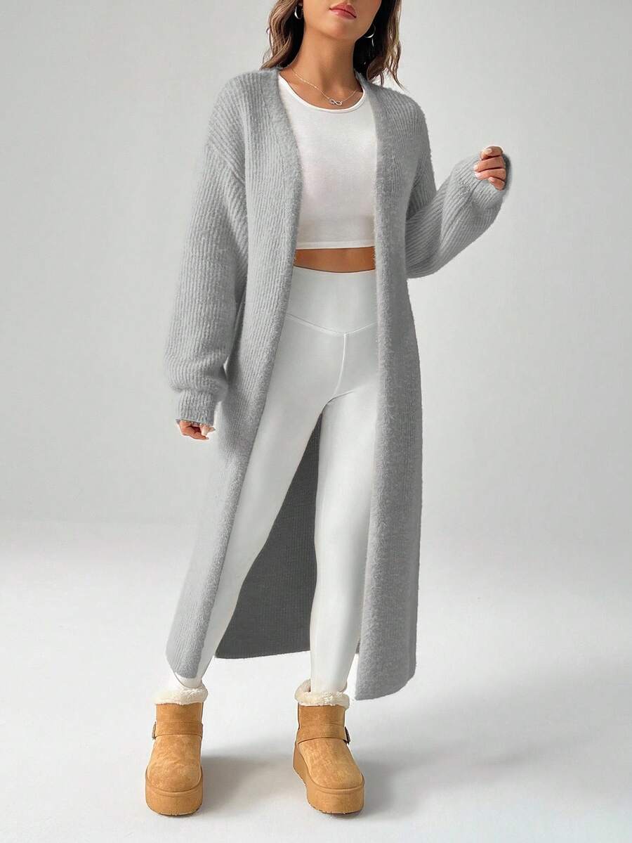 Women's Longline Open-Front Ribbed Knit Cardigan