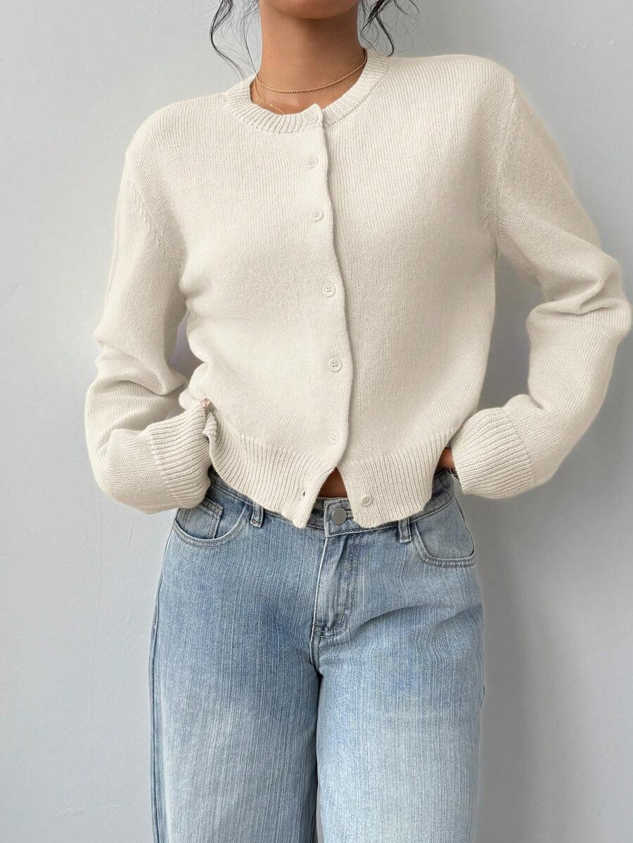 Women's Cropped Crew Neck Button-Front Cardigan