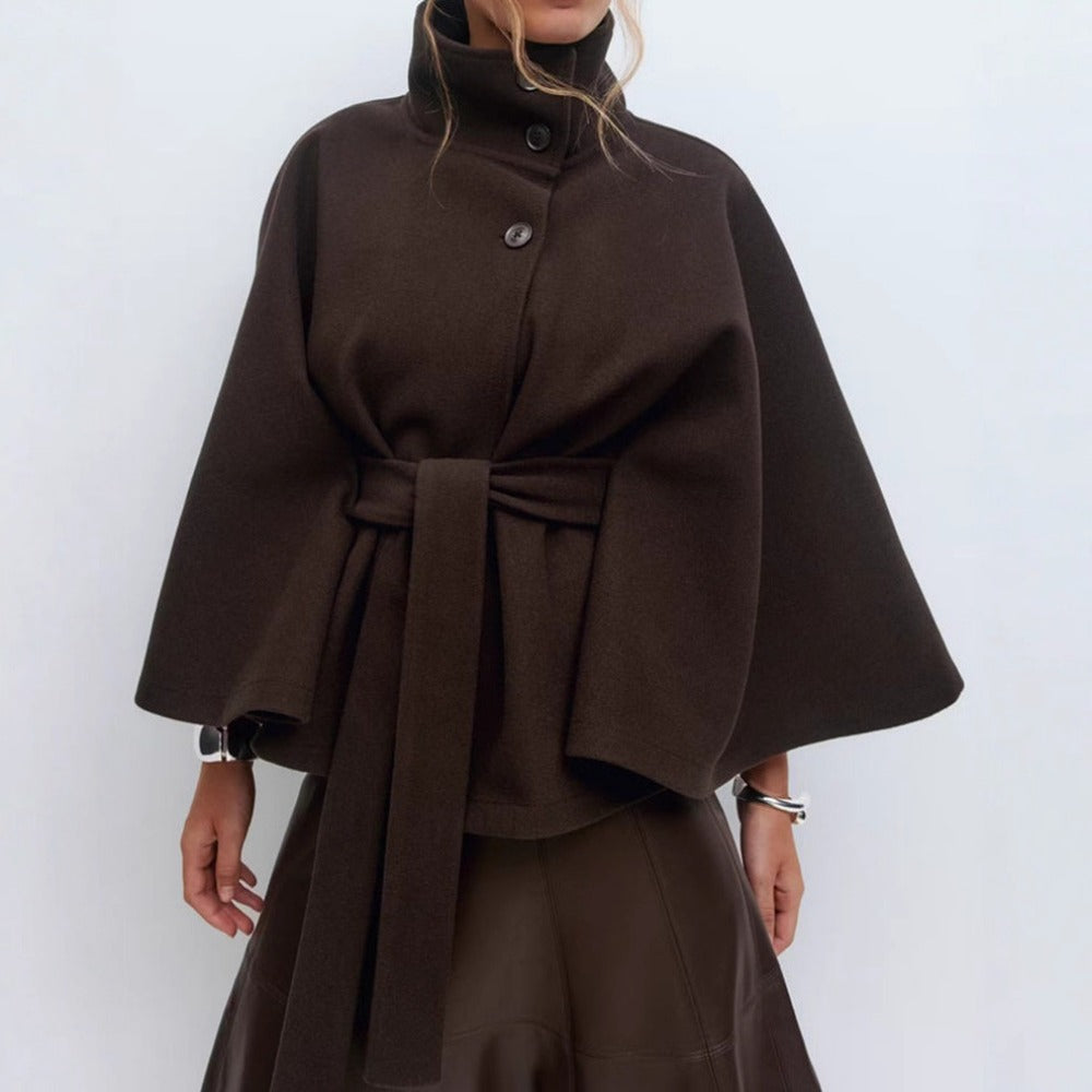 Women's Belted Cape Coat with High Button Collar