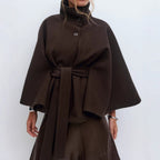 Women's Belted Cape Coat with High Button Collar