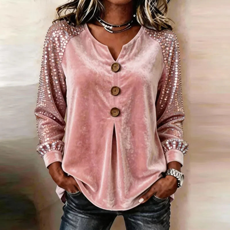 Women's Sequin Sleeve Button-Front Velvet Top