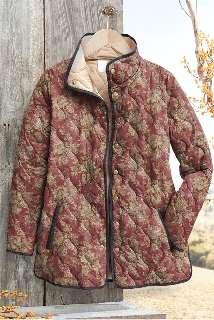 Women's Floral Patchwork Quilted Jacket with Stand Collar