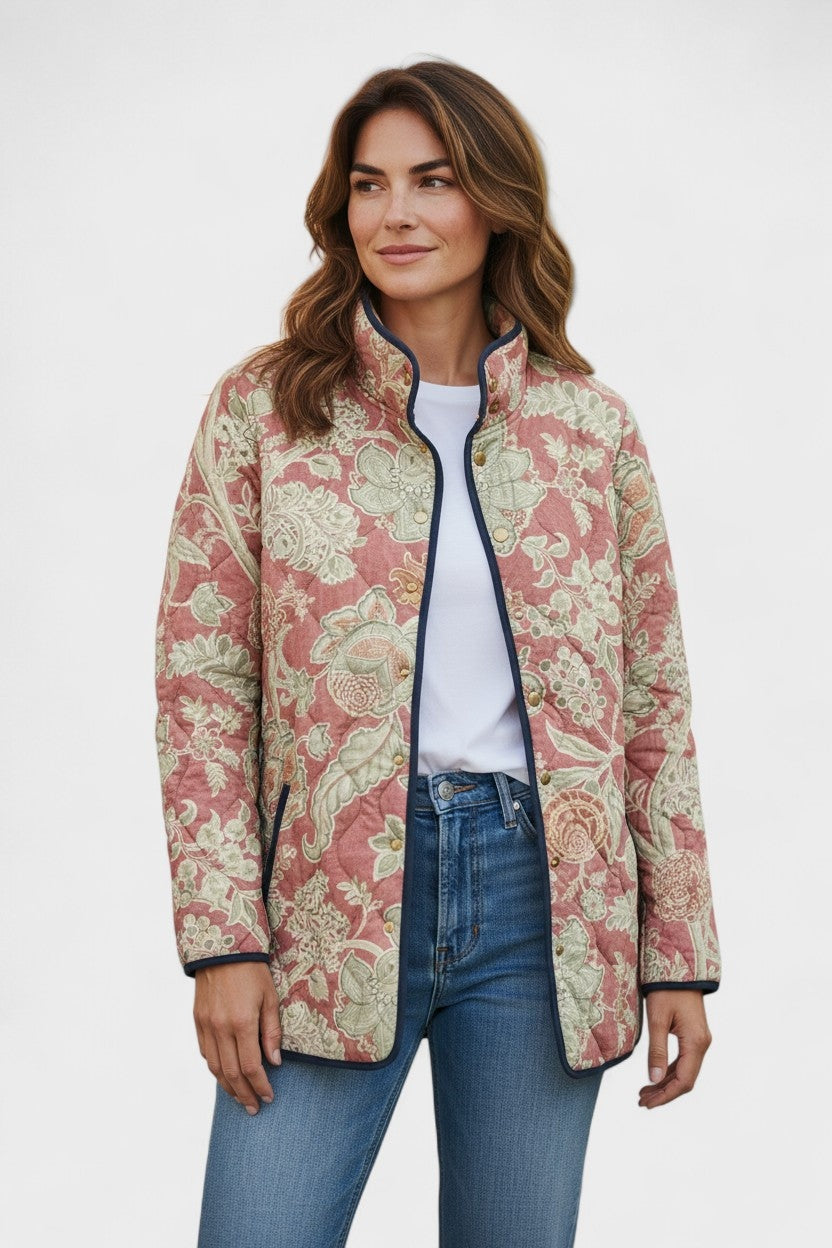 Women's Floral Patchwork Quilted Jacket with Stand Collar