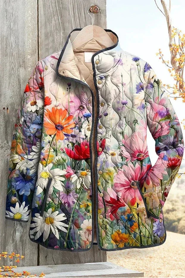 Women's Floral Patchwork Quilted Jacket with Stand Collar