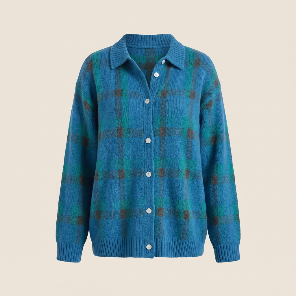 Women’s Collared Plaid Knit Cardigan with Button Front