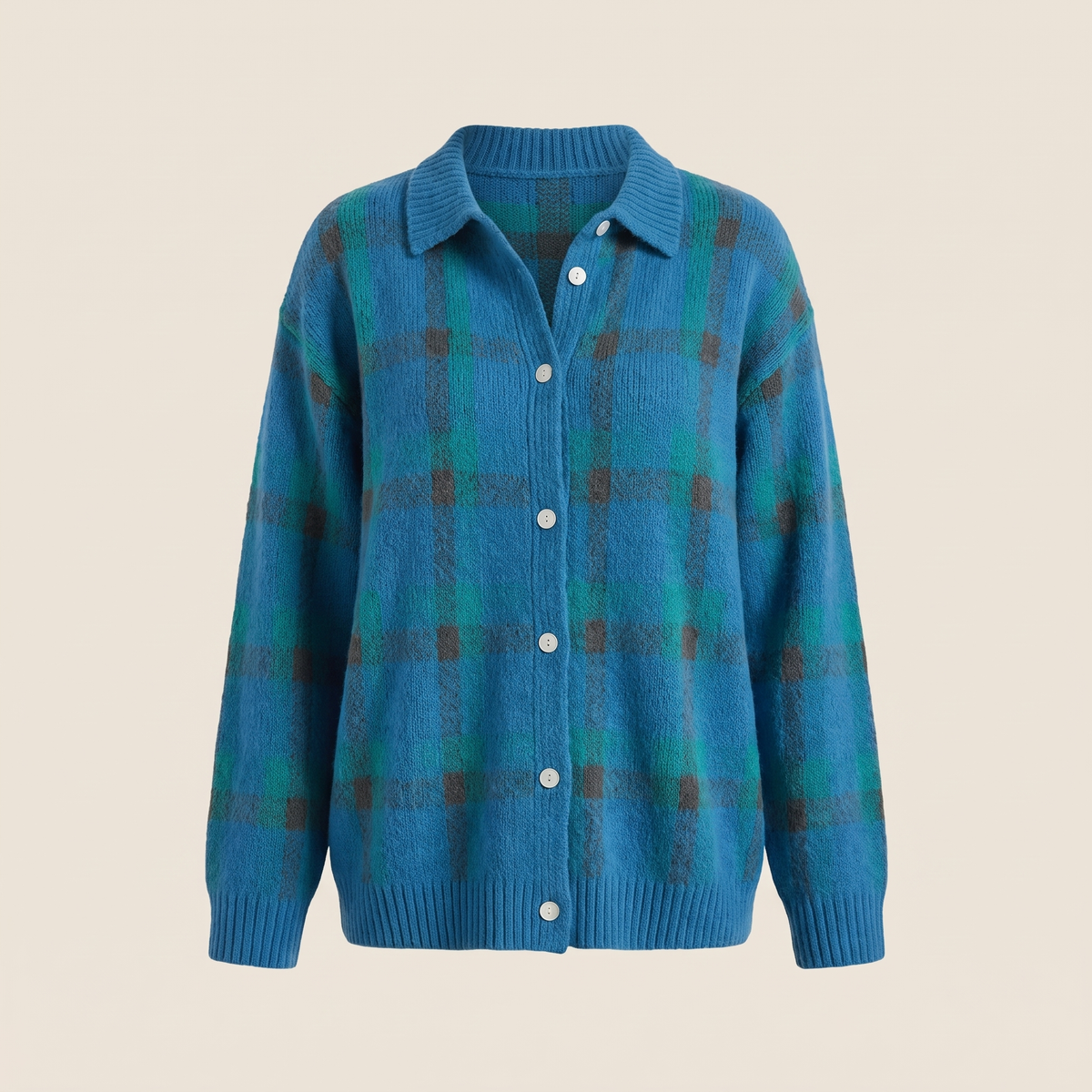 Women’s Collared Plaid Knit Cardigan with Button Front