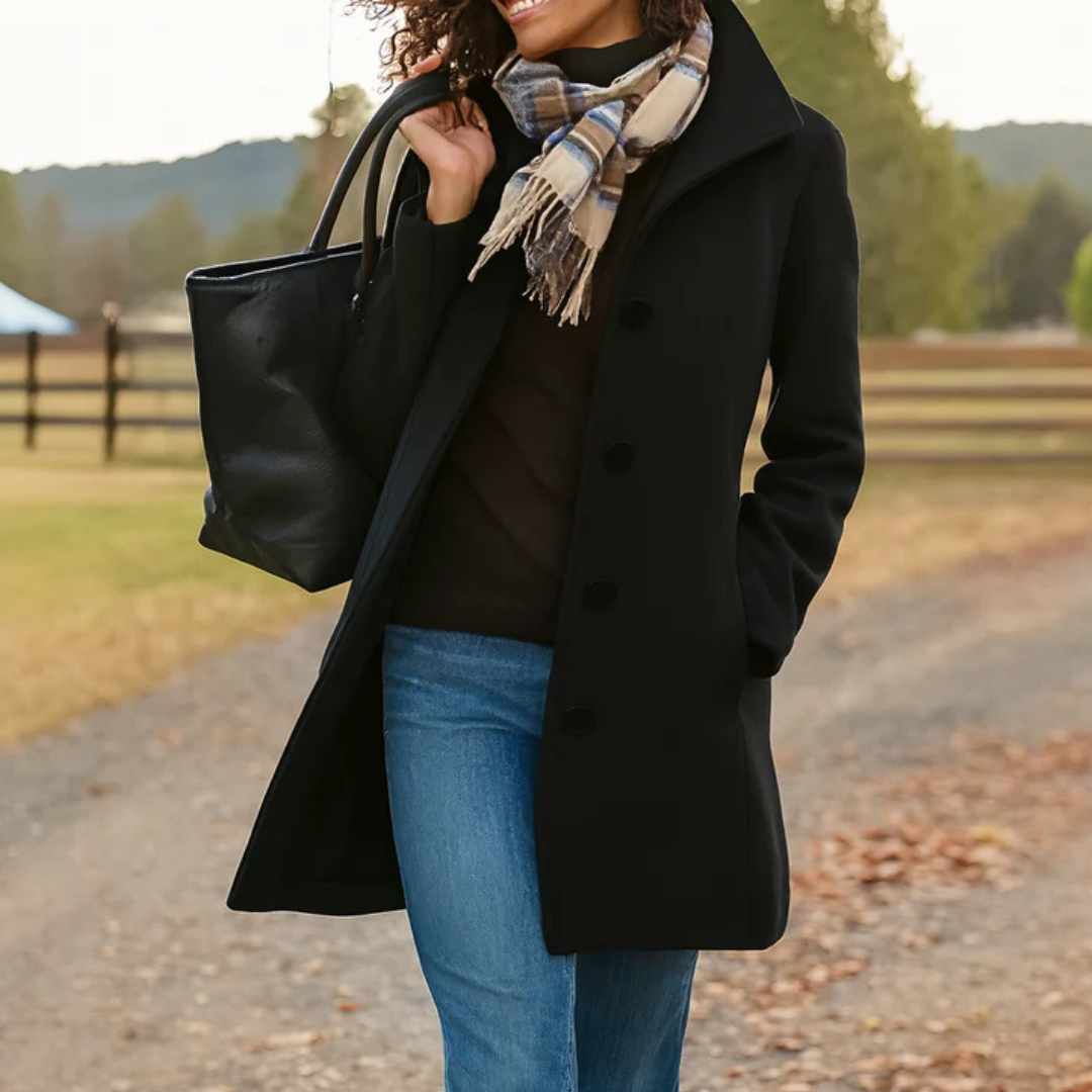 Women's Button-Front Notch Collar Wool-Look Coat