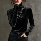 Women's Velvet Turtleneck Fitted Long Sleeve Top