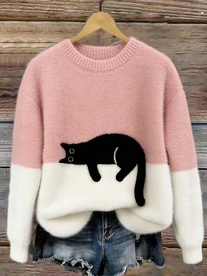 Women’s Colour Block Fluffy Knit Sweater with Lounging Cat Design