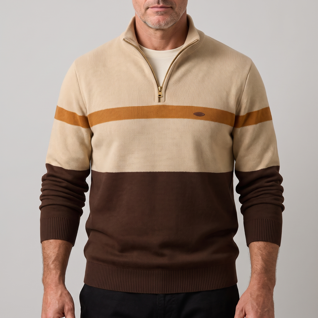 Men’s Colour Block Quarter-Zip Knit Sweater with Chest Stripe