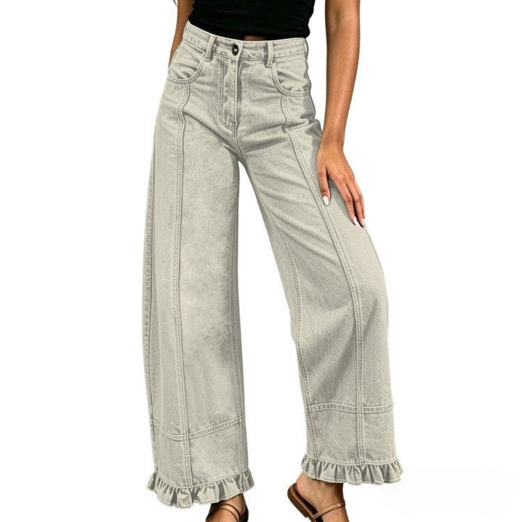 Women's High-Waisted Wide-Leg Jeans with Ruffle Hem