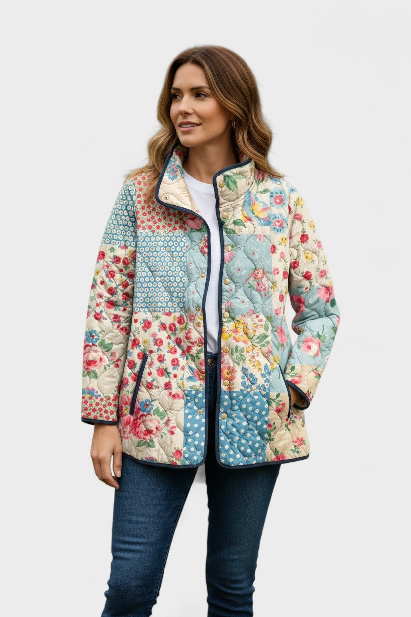 Women's Floral Patchwork Quilted Jacket with Stand Collar