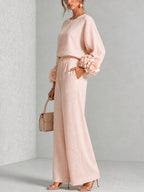 Women’s Flower Cuff Blouse and Wide-Leg Trouser Set
