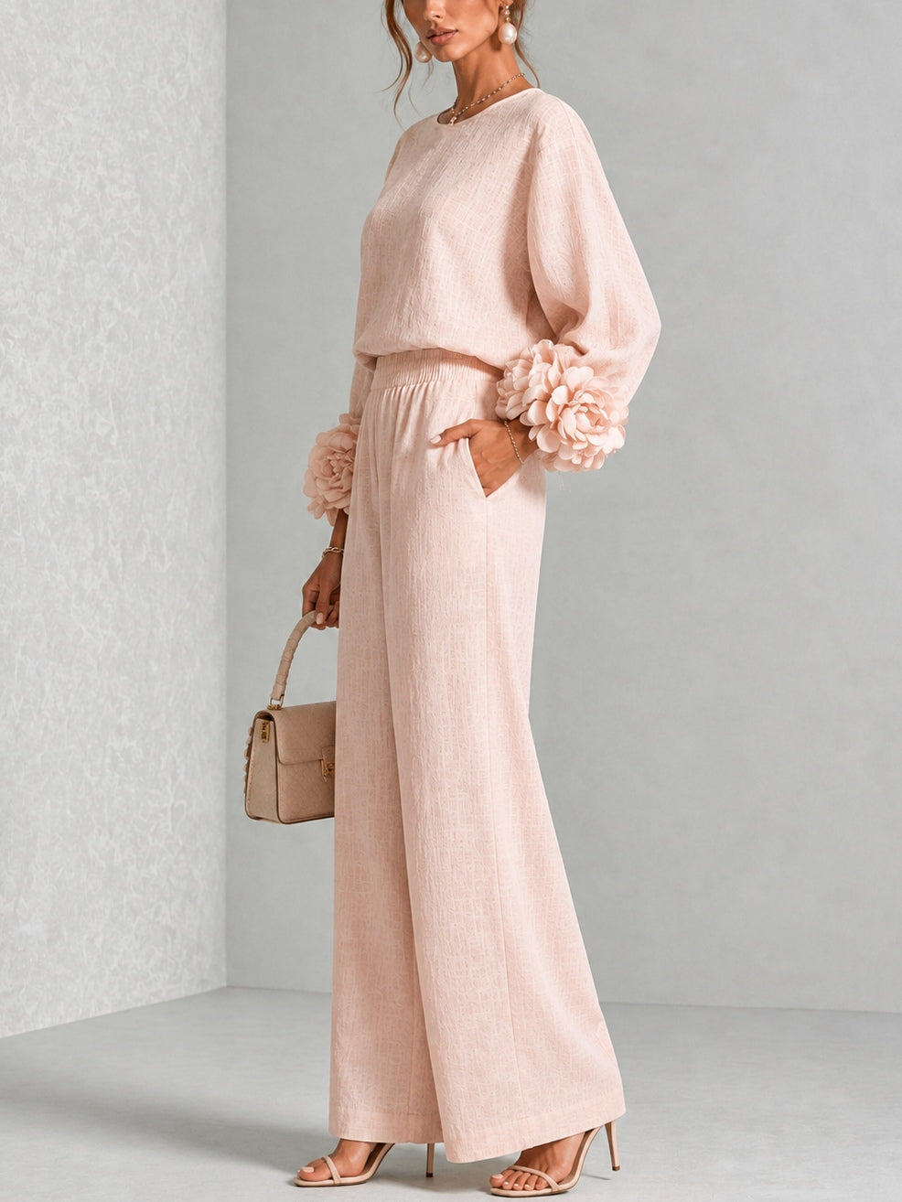 Women’s Flower Cuff Blouse and Wide-Leg Trouser Set