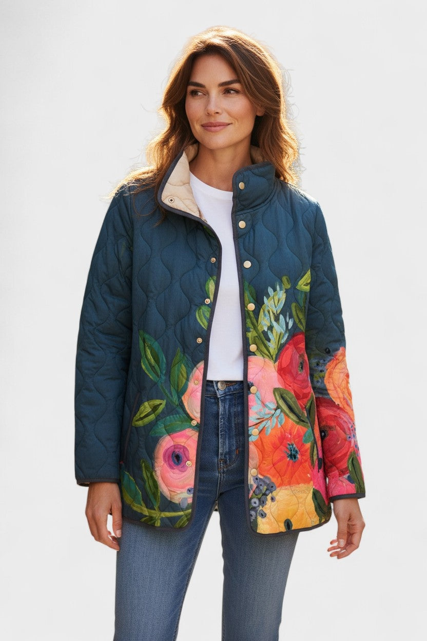 Women's Floral Patchwork Quilted Jacket with Stand Collar