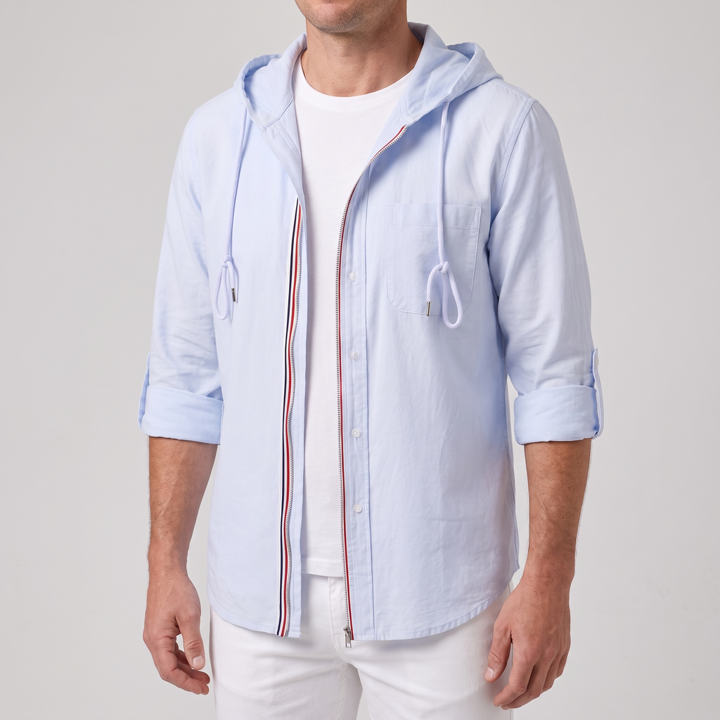Men’s Hooded Zip-Up Overshirt with Stripe Tape Trim