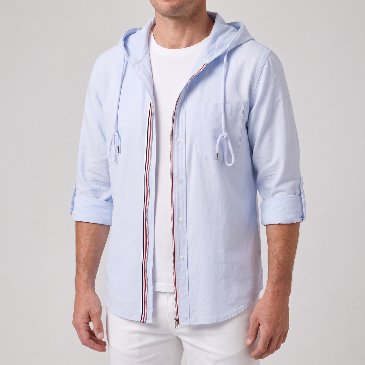Men’s Hooded Zip-Up Overshirt with Stripe Tape Trim