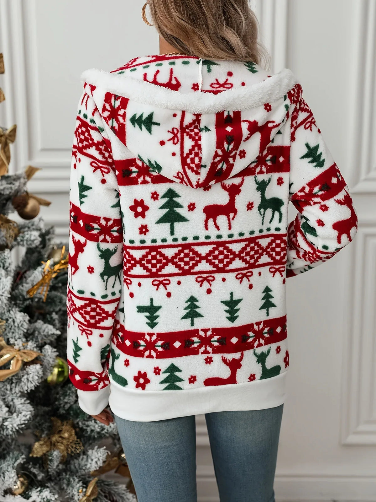 Women’s Christmas Print Plush Fleece Zip-Up Hoodie
