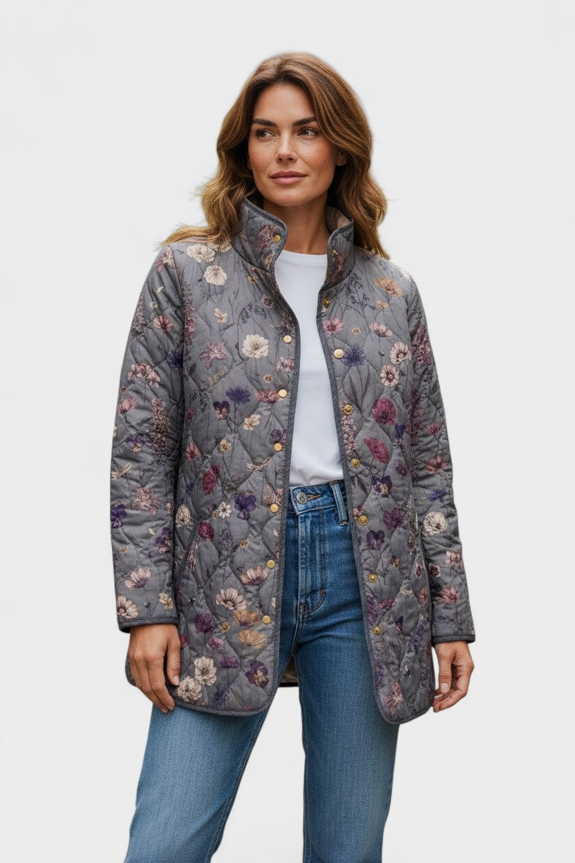 Women's Floral Patchwork Quilted Jacket with Stand Collar