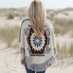 Women’s Boho Jacquard Knit Poncho Sweater with Fringe Trim