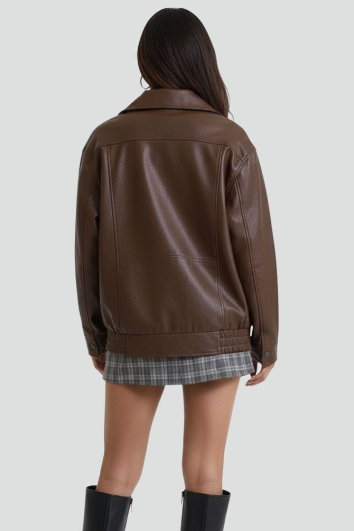 Women's Faux Leather Collared Zip-Up Bomber Jacket