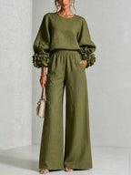 Women’s Flower Cuff Blouse and Wide-Leg Trouser Set