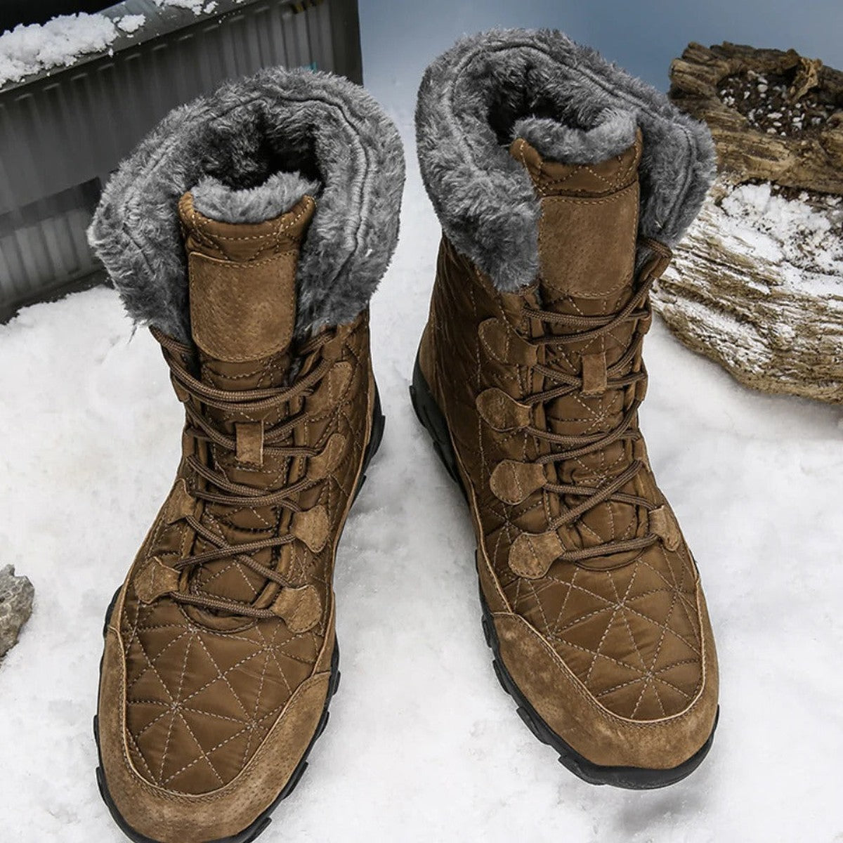 Men’s Faux Fur Lined Quilted Lace-Up Winter Snow Boots