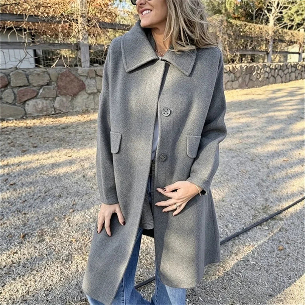 Women's Relaxed Single-Breasted Longline Coat with Wide Collar