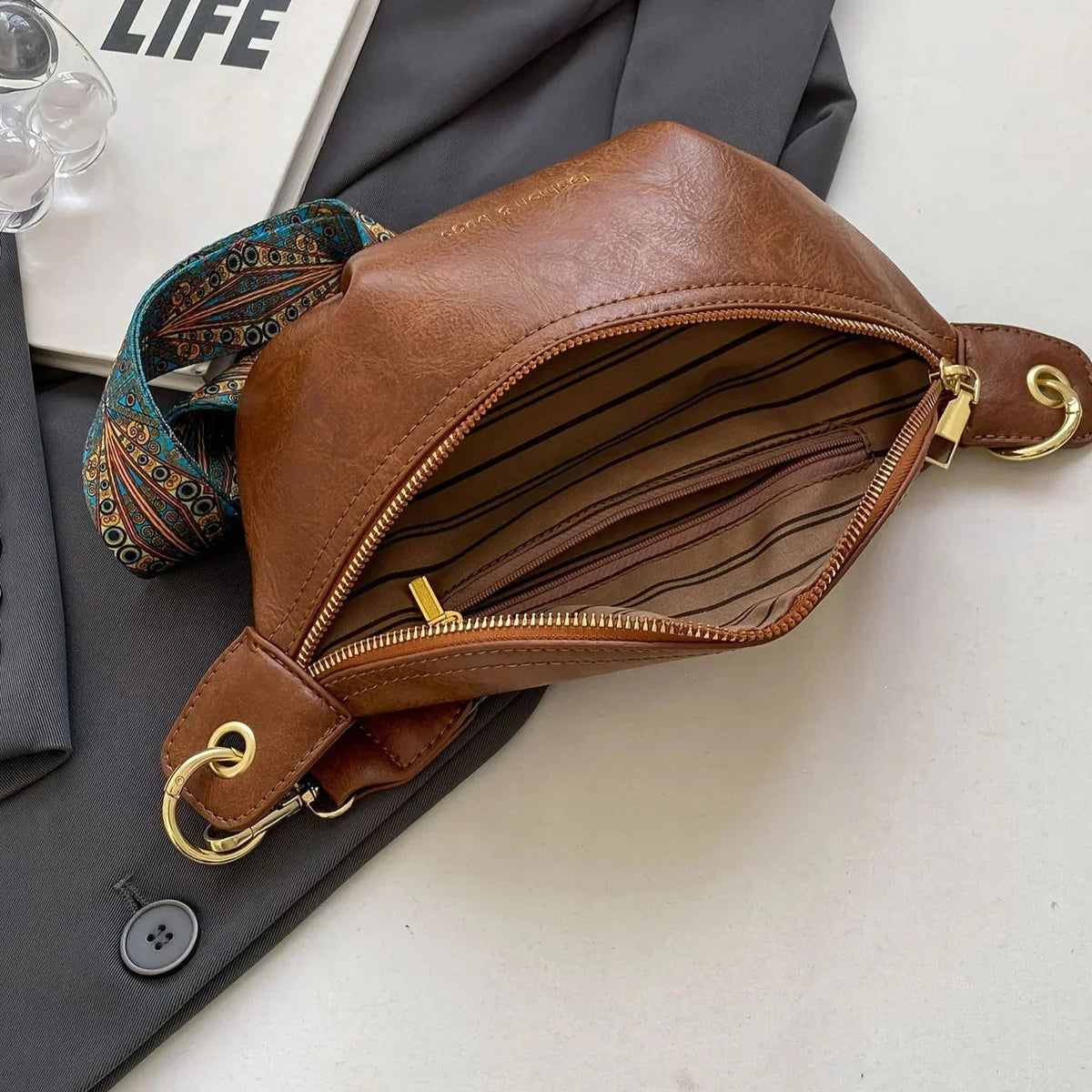 Women's Curved Crossbody Sling Bag with Woven Strap