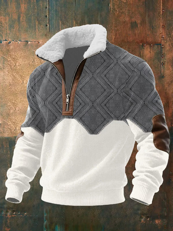 Men's Sherpa Collar Quarter-Zip Knit Sweater with Elbow Patches