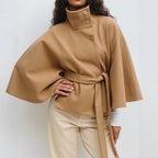 Women's Belted Cape Coat with High Button Collar