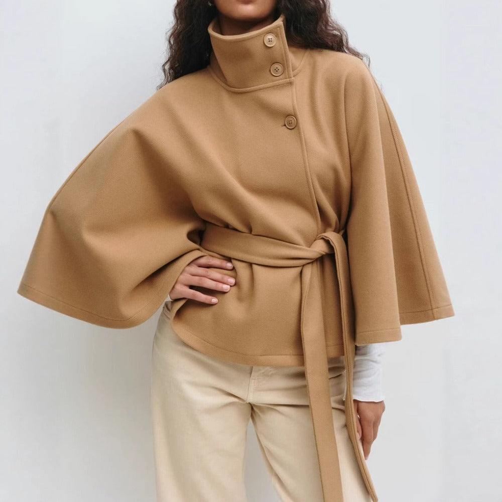 Women's Belted Cape Coat with High Button Collar
