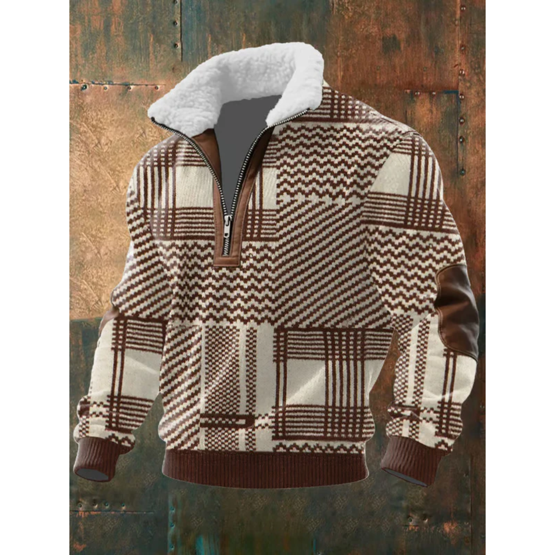 Men's Sherpa Collar Quarter-Zip Knit Sweater with Elbow Patches