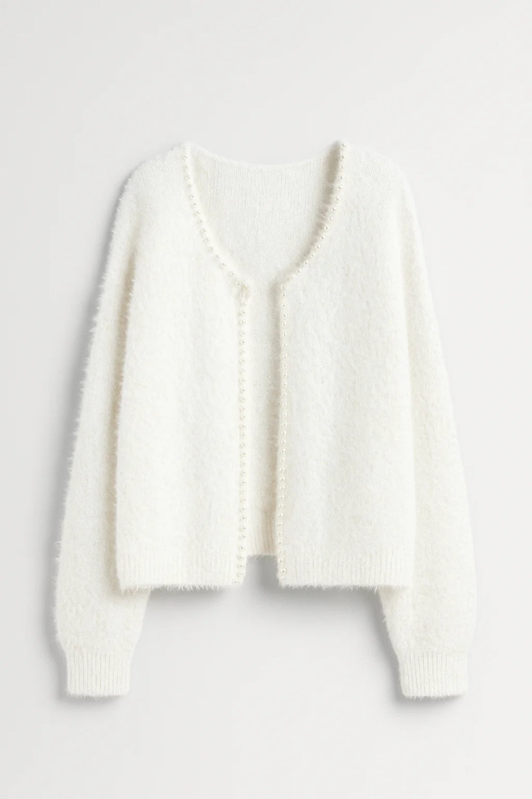 Women's Fuzzy Knit Pearl Trim Cardigan