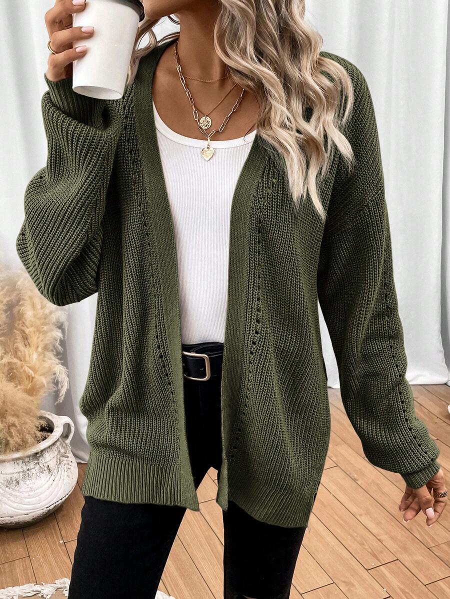 Women's Chunky Knit Eyelet Detail Open Cardigan