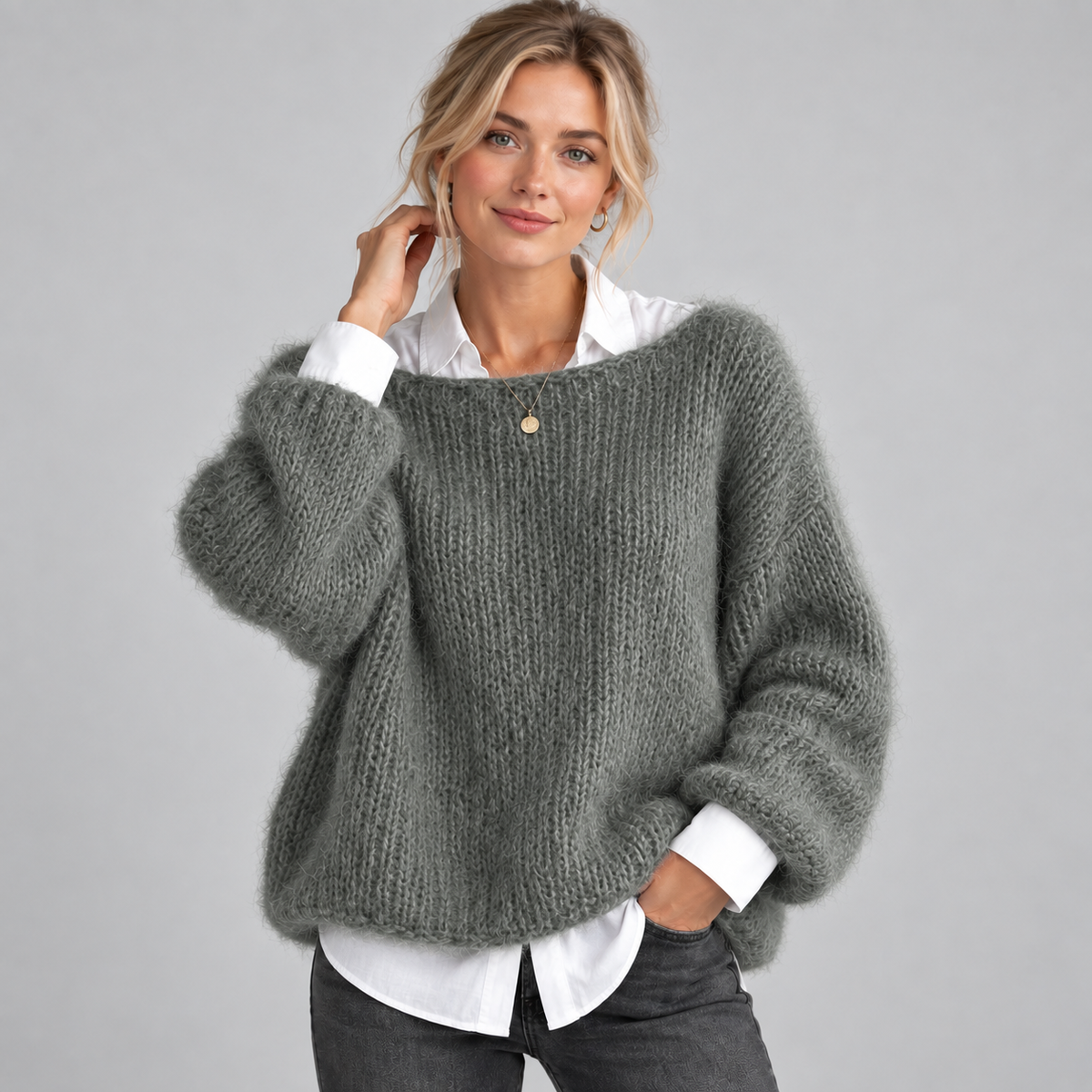 Women's Chunky Fluffy Knit Boat Neck Sweater