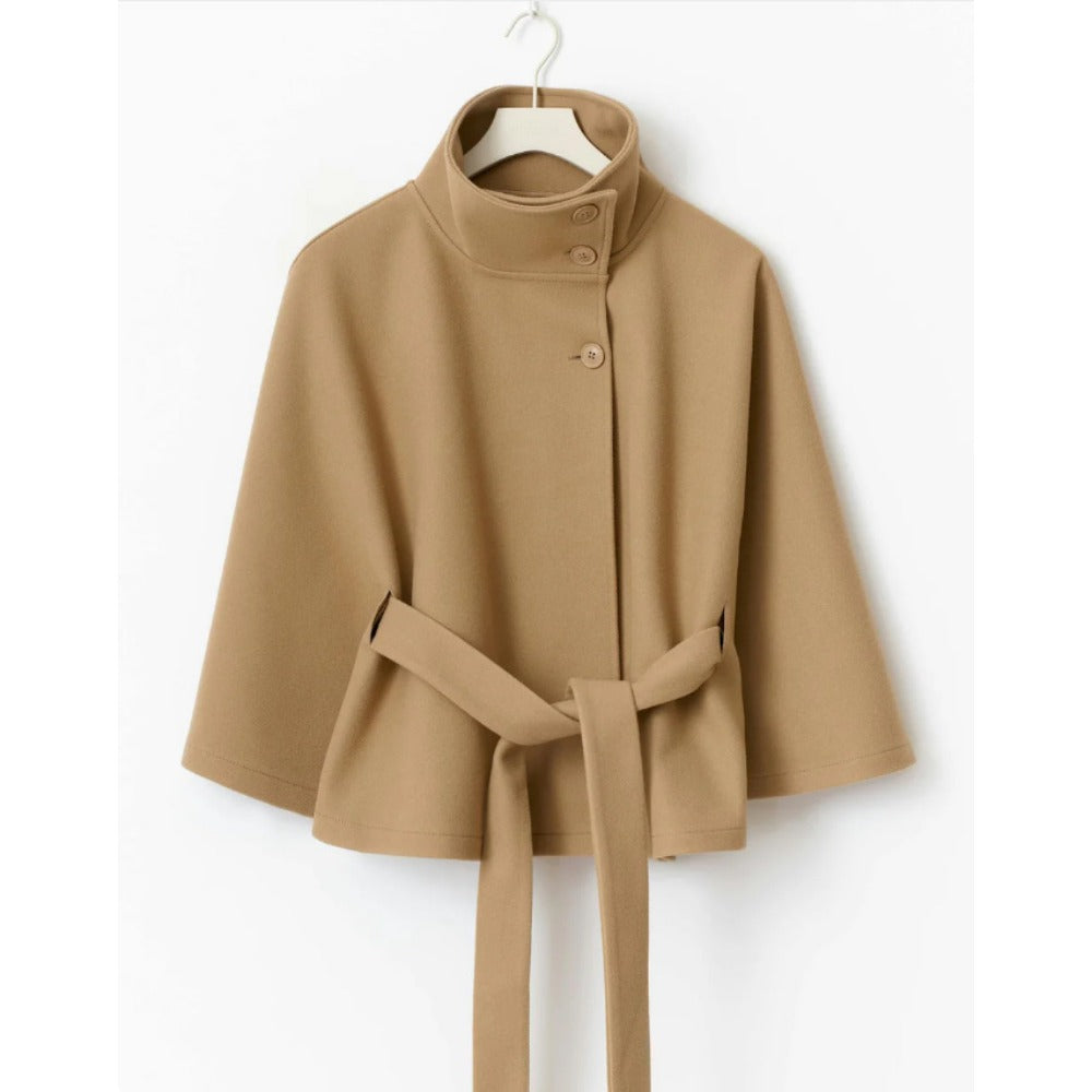 Women's Belted Cape Coat with High Button Collar