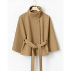 Women's Belted Cape Coat with High Button Collar