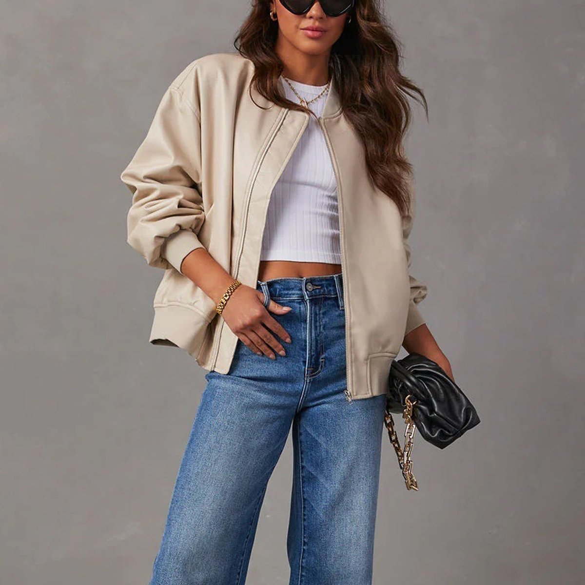 Women's Oversized Zip-Up Faux Leather Bomber Jacket