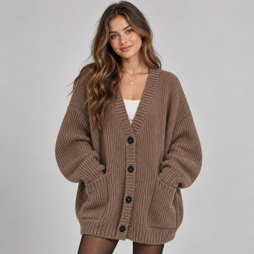 Women's Oversized Ribbed Knit V-Neck Cardigan with Pockets