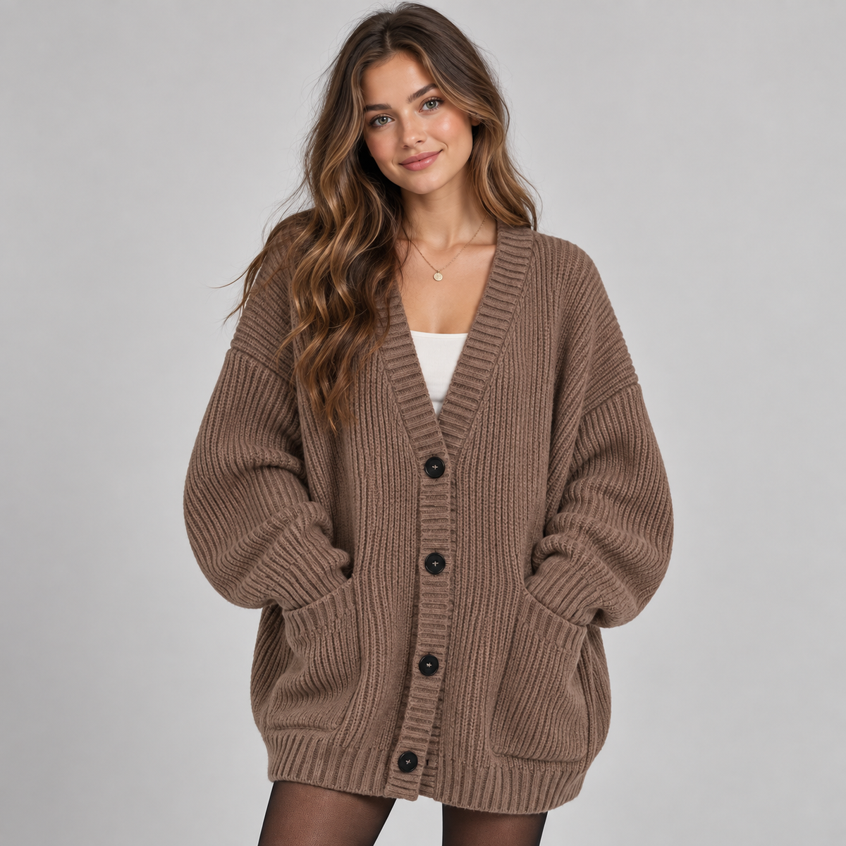 Women's Oversized Ribbed Knit V-Neck Cardigan with Pockets