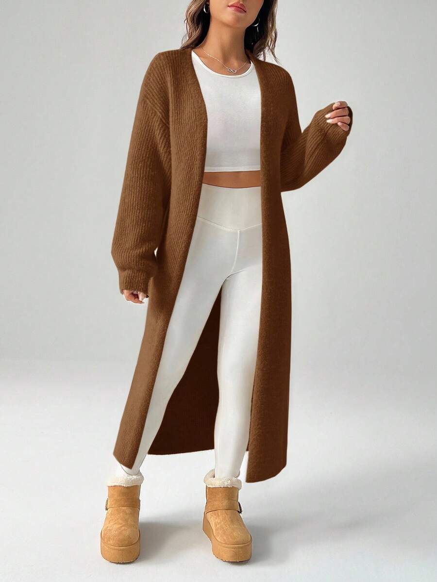 Women's Longline Open-Front Ribbed Knit Cardigan