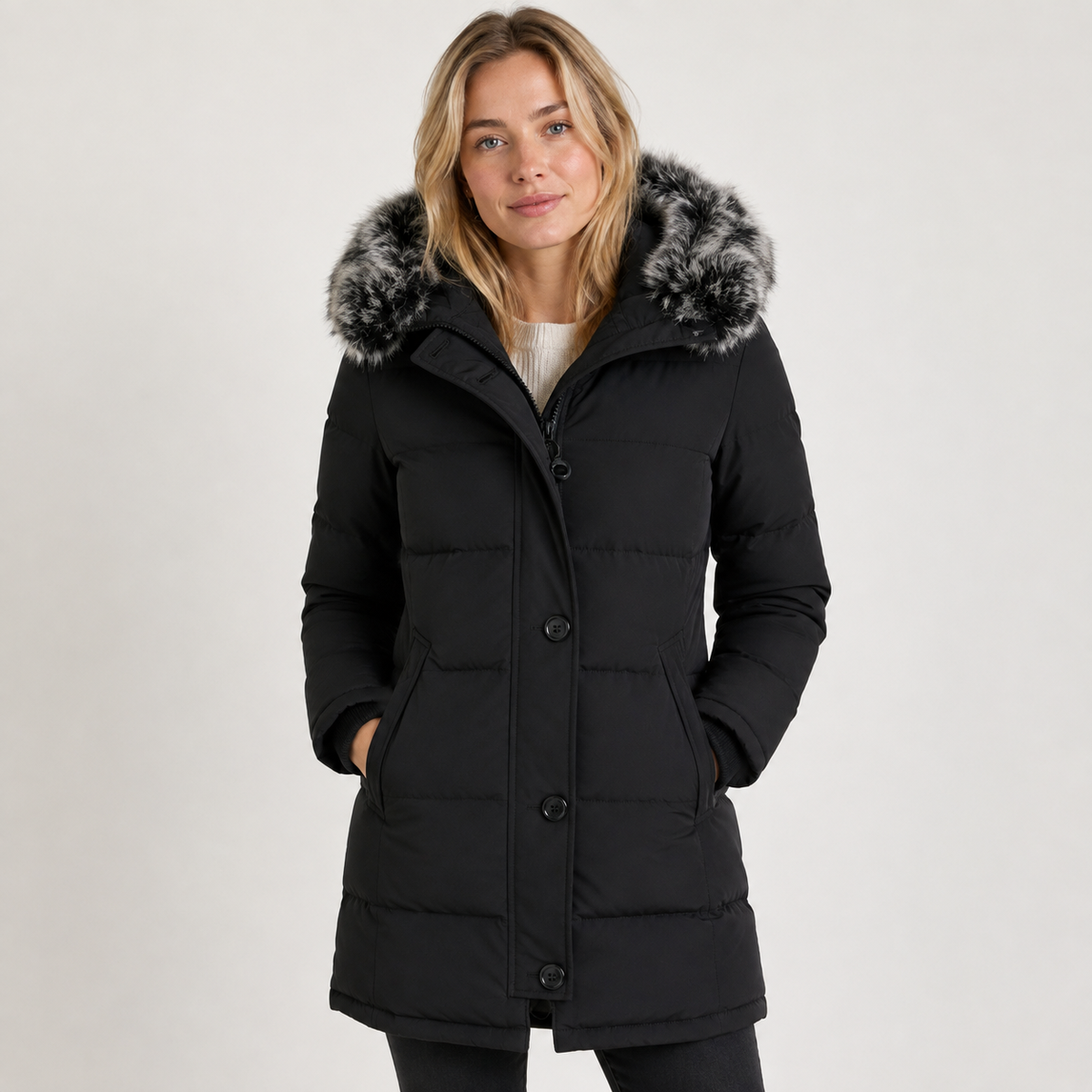 Women's Quilted Parka Coat with Faux Fur Trim Hood